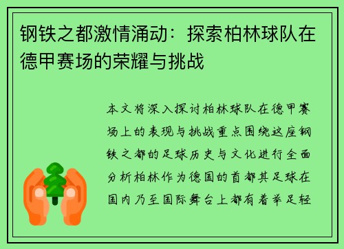 钢铁之都激情涌动：探索柏林球队在德甲赛场的荣耀与挑战