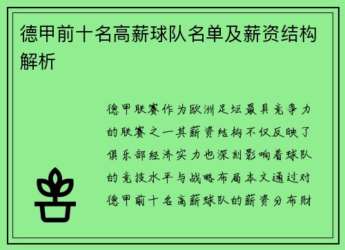 德甲前十名高薪球队名单及薪资结构解析