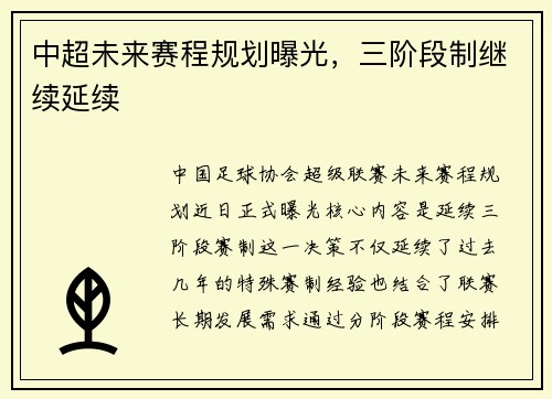 中超未来赛程规划曝光，三阶段制继续延续