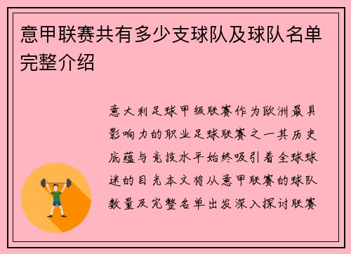 意甲联赛共有多少支球队及球队名单完整介绍