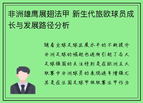 非洲雄鹰展翅法甲 新生代旅欧球员成长与发展路径分析